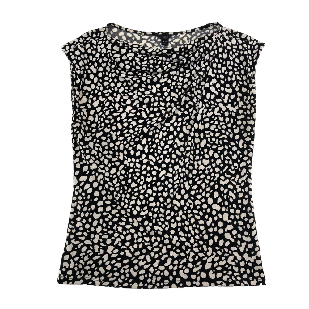 Ann Taylor Blouse Top Womens Petite PXS Black Beige Leopard Print Knit Pullover